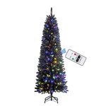 SHareconn 6ft Premium Prelit Artificial Hinged Slim Pencil Christmas Tree with Remote Control, 240 Warm White & Multi-Color Lights, Full Branch Tips, First Choice Decorations for Xmas, 6 FT, Black