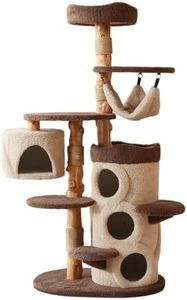 Modern Cat Tree for Indoor Large Cats & Multi-Cat Households, 68'' Solid Wood Cat Tower with 3 Condos, Heavy Duty Cat Tower with Scratching Post, Multi-Level Cat House, Perch, Hammock, Hideaway, Brown