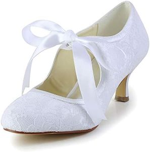 JIAJIA 140311 Women's Bridal Shoes Closed Toe Stiletto Heel Lace Satin Pumps Ribbon Tie Wedding Shoes Color White,Size 8 B(M) US/39 EU
