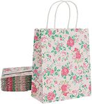 Sparkle and Bash 24-Pack Floral Gift Bags, 8x4x10-Inch Medium Size Gift Bags with Handles, Paper Bags with Colorful Rose Flower Print (Pink)