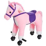 HOMCOM Wooden Action Pony Wheeled Walking Horse Riding Little Baby Plush Toy Wooden Style Ride on Animal Kids Gift w/Sound (Pink)