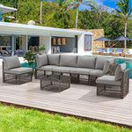 LOCCUS 6 Pieces Patio Furniture Set, Outdoor Sectional Sofa Rattan Wicker Conversation Set Outside Couch with Glass Table and Cushions for Porch Lawn Garden Backyard, Brown and Grey