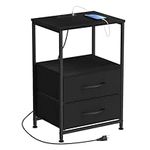 YBING Nightstand with Charging Station End Table with 2 Fabric Drawer Bedside Table with USB Ports and Power Outlets Modern Night Stand with Open Shelf for Bedroom Living Room Black