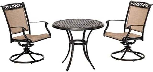 Hanover Fontana 3-Piece Bistro Patio Table and Chairs Set with Tan PVC Sling Swivel Rocker Chairs and 32" Round Cast-Top Outdoor Table, Premium Weather Resistant Outdoor Dining Set for Backyard & Deck