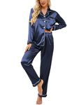 Ekouaer Women's Classic Long Satin Pajama Set,Medium,Navy Blue