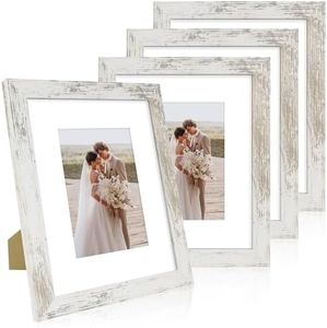 Hongkee 8x10 Picture Frame Set of 4, Made of Real Glass and Distressed White Wooden Frame, 8 by 10 Photo for Wall or Tabletop - Display Picture 5x7 with Mat or 8x10 Without Mat