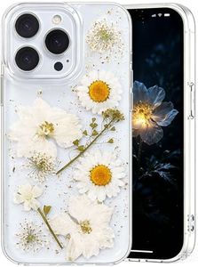 Abbery for iPhone 15 Pro Case Clear with Real Pressed Flower Design Glitter Sparkly Gold Fall Girly Women Cute Aesthetic Soft TPU Protective Shockproof Phone Cover - White Yellow Daisy Floral