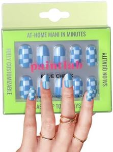 PaintLab Press On Nails - 24 Piece Fake Nails with Glue, Nail File, Prep Pad & Cuticle Stick | Non Toxic & Cruelty Free | Long Lasting & Complete Glue On Nails for Women & Girls (Blue Check)