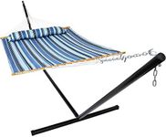 Sunnydaze Quilted Double Hammock with 15-Foot Steel Stand - 400-Pound Weight Capacity - Black Stand - Misty Beach