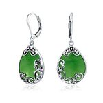 Western Style Teardrop Scroll Ornate Filigree Scroll Dyed Quartz Simulated Green Jade Color Lever Back Dangle Earrings For Women .925 Sterling Silver