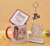 Pride Store "Love You Mom Mug Printed 330 ml Best Mom in The World Wooden Showpiece, 1 I Love Mom Keychain,1 Mom Dad Greeting Card Gift for Mom on her Birthday Anniversary Women's Day