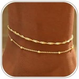 2 PCS Gold Anklets for Women Waterproof Beaded Anklet Stackable Bracelets 14K Gold Plated Custom Jewelry Gifts Non Tarnish Lightweight 03