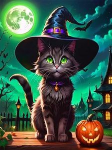 5D Black Cat Diamond Painting Kits Halloween for Adult Full Round Drill, DIY Pumpkin Diamonds Art Crystal Embroidery Cross Craft Moon Art Wall Decor 12x16 inch