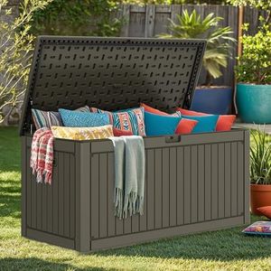 DWVO 260 Gallon Resin Outdoor Storage Box, XXL Double-Wall Waterproof Deck Box with Divider, Doubles as Table or Seating with 1000 lbs Capacity, Lockable (Light Brown)