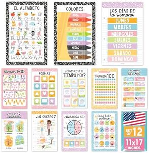 Hadley Designs Spanish Classroom Decorations - 12 Spanish Posters for Classroom Decor, Abecedario para Niños en Español, 11x17 Laminated Pastel Bilingual Educational Posters for Toddlers 1-3