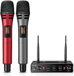 TONOR Wireless Microphone, Dual Mic UHF Handheld Dynamic Microphone System with Receiver, Amplifier, PA System, for Karaoke Home, Wedding, DJ, Party, Church, TW350, Red