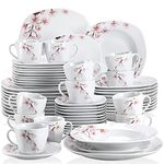 VEWEET 'Annie' 60-Piece Dinner Set Ivory White China Ceramic Pink Floral Combination Sets with Porcelain Plates Set, Cups and Saucers Set Service for 12