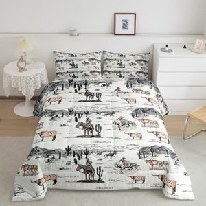 Western Cowboy Comforter Set Queen Size,Vintage Southwest Style Quilt Set Desert Cactus Cow Horse Animals Bedding Set for Kids Boys Girls Adult Room Decor,Grey Brown White Duvet Insert 3Pcs