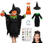 Sarvda Halloween Costume for Girls | Witch Dress Black & Green | Witch Hat | Cape & Masks | Pumpkin Basket | Dracula Teeth | Makeup Tattoo | For 2 to 3 Year Girls