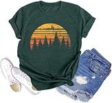 GEMLON Sunset Pine Tree Tshirt Women Camping Tshirt Retro Sun Print Graphic Tee Casual Short Sleeve Top