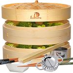 10” Bamboo Steamer Basket Includes Liners, Chopsticks, Ceramic Dish, Bamboo Tongs, And Stainless Steel Dumpling Maker, 2 Tiers Dumpling Dim Sum Steam Cooker For Healthy Low Fat Diet by DoSensePro