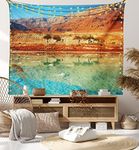 Ambesonne Landscape Tapestry by, Dead Sea Salt Shore in Israel Mountains Desert Scenic Photo, Wall Hanging for Bedroom Living Room Dorm, 60WX40L Inches, Redwood Light Blue Light Green