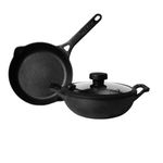 Meyer Pre- Seasoned Cast Iron 3 Piece Cookware Set - 20cm Frypan + 20cm Kadai with Interchangeable Lid, Black