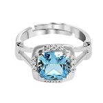 CLARA 925 Sterling Silver Sky Blue Cushion Ring with Adjustable Band | Rhodium Plated, Swiss Zirconia | Gift for Women & Girls