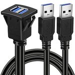 BATIGE Dual Ports Square USB 3.0 Panel Flush Mount Extension Cable with Buckle for Car Truck Boat Motorcycle Dashboard-3ft