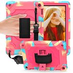 Case for Amazon Kindle Fire HD 8 (10th Generation, 2020)/Fire HD 8 Plus Tablet, Ropfsg 360° Rotating Stand Shockproof Heavy Duty Case Cover with Shoulder Strap, Hand Strap for Kids - Colorful Rose