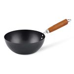 Ken Hom Carbon Steel Mini Wok, 20cm, Classic, Non-Induction/Wooden Handle/Flat Base Pan, Includes 1 x Chinese Wok Pan, KH320001