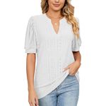 EDOTON Women V-Neck T-Shirts Puff Short Sleeves Tunic Casual Loose Summer Top Lace Ruffle Blouse Vintage Elegant Square Shirt XL White