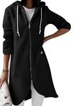 OMZIN Women Soft Long Hoodie Slit Zipper Pocket Jacket Winter Irregular Hem Coat BLK XL