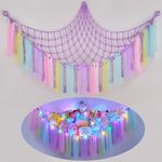 MHJY Toy Hammock Stuffed Animals Storage Net Soft Cuddly Toys Large Corner Hanging Net With LED Light Hand Woven Plush Macrame Organizer with Tassel for Kids Bedroom Nursery