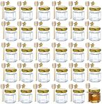 XING-RUIYANG 1.5 oz Hexagon Mini Glass Honey Jars -30Pack Honey Jars with Wood Dipper, Gold Lid, Bee Pendants, Jutes - Perfect for Baby Shower, Wedding Favors, Party Favors