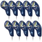 Golf Iron Club Head Covers Magnetic Right Hand Big Numbers 10pcs 4-9,P,A,S,X Blue PU Leather Crane Embroidery