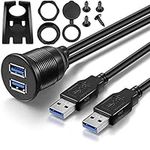 OBSTORM 2 Ports Dual USB 3.0 Male to USB 3.0 Female AUX Flush Mount Car Mount Extension Cable for Car Truck Boat Motorcycle Dashboard Panel (1 Meter)