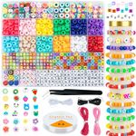 Clay Beads for Jewelry Making Kit, with Elastic String and Ropes, Including Pony Beads Alphabet Letter Beads Smiley Face Beads and Polymer Beads, Bracelet Making Kit for Girls and adults