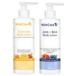 WishCare De-Tan Body Lotion Combo- AHA BHA Body Lotion & SPF50 Sunscreen Body Lotion 200ml Each