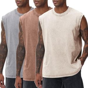 Arssm Mens Cotton Tank Tops Workout Sleeveless Tees Shirts Cut Off Muscle Gym Acid Wash Running Tees(GreyKhakiBeige-S)