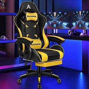 ALFORDSON Computer Gaming Chair with Massage Lumbar Cushion and Footrest, Ergonomic Swivel Recliner Leather Home Ergonomic Desk Chair with Armrest Headrest, Office Chair with Recline (Yellow)