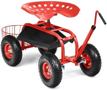 Costway Steerable Garden Cart w/Extendable Handle, Storage Basket, Adjustable Seat, 2 Tool Trays & 4 Rubber Wheels, Garden Rolling Scooter (Red-45-78 cm(Handle Length))