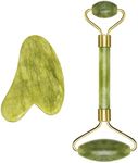 Jade Roller for Face and Gua Sha Set, Jade Roller, Gua Sha Massage Set, Face Roller for Eye Puffiness Treatment, Skin Tightening, Rejuvenate Face & Neck, Natural Green Slimming Massager (Roller-2)