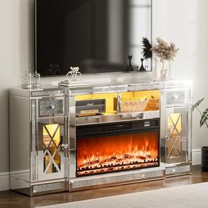 SIKHST Mirrored Electric Fireplace TV Stand,Silver Glass TV Stand with and Storage Cabinet,Faux Fireplace Mantel, Freestanding Firebox with 3D Realistic Flame and 7 Colors for Living Room and Bedroom
