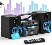 Greadio Stereo System for Home with Boombox CD and Cassette Player Combo, 40W Home Stereo System with Bluetooth, FM Radio/USB/TF/AUX/Remote Control, Detachable Wooden Bookshelf Speakers