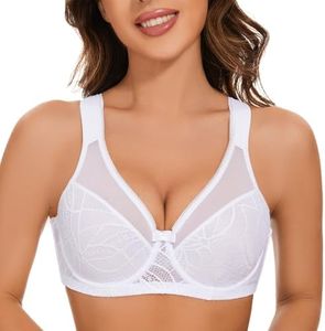 sheroine Women's Underwire Lace Minimizer Unpadded Bra Plus Size Full Coverage Floral Lifting Bras(White,42DD)