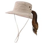 TOP-EX UPF 50 Sun Hat Women Wide Brim UV Protection Ladies Waterproof Rain Hat Safari Hat Foldable Outdoor Sunhat for Safari Fishing with Ponytail Hole Small Head Beige M