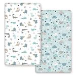 GRSSDER Stretchy Ultra Soft Jersey Knit Fitted Crib Sheets Set 2 Pack, Cozy Fits All Standard Crib Mattress Pads, Happy Dinosaurs Print for Boys and Girls