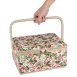 Sewing Baskets Sewing Box Organiser With An Embroidered Buttons On Cream Fabric Lid, Large Sewing Basket With Pincushion, Pockets & Removable Tray For Quilting, Sewing, Crafting, 30.5 x 23 x 15.5cm