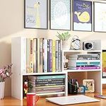 Ulrikco Expandable Wood Desktop Bookshelf, Desktop Organizer Office Storage Rack, Free Style Wood Display Stand Shelf, Corner Desk Storage Shelf, Countertop Bookcase for Office Supplies, White